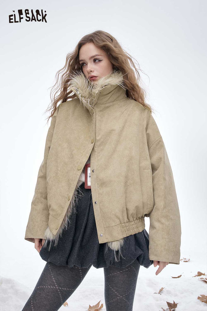 ELFSACK Soft Solid Plush Lining Convertible Collar Down Jacket
