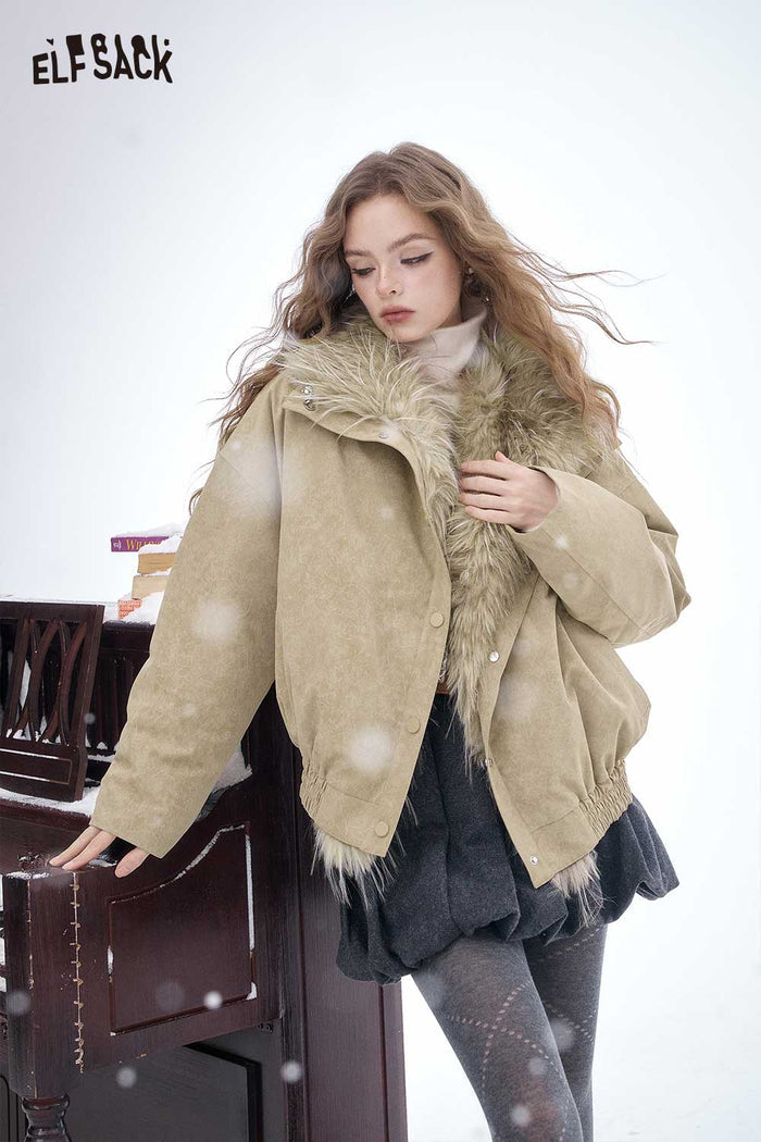 ELFSACK Soft Solid Plush Lining Convertible Collar Down Jacket