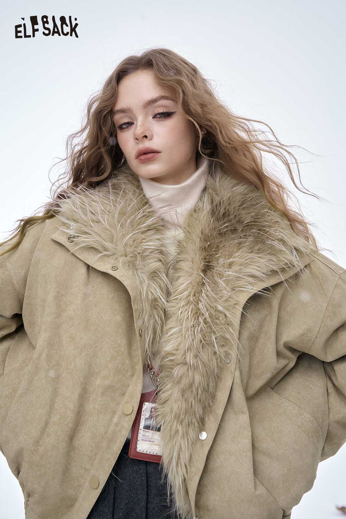 ELFSACK Soft Solid Plush Lining Convertible Collar Down Jacket
