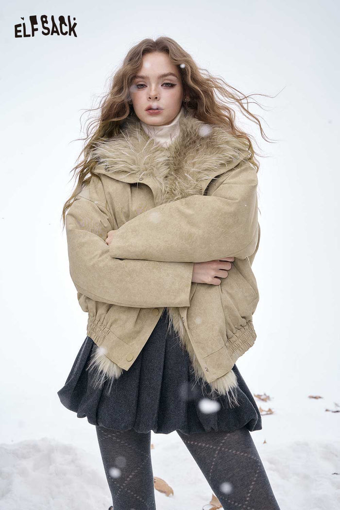 ELFSACK Soft Solid Plush Lining Convertible Collar Down Jacket