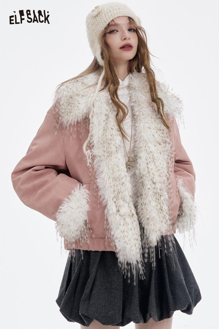 ELFSACK Soft Solid Plush Lining Fringe Toggle Button Jacket