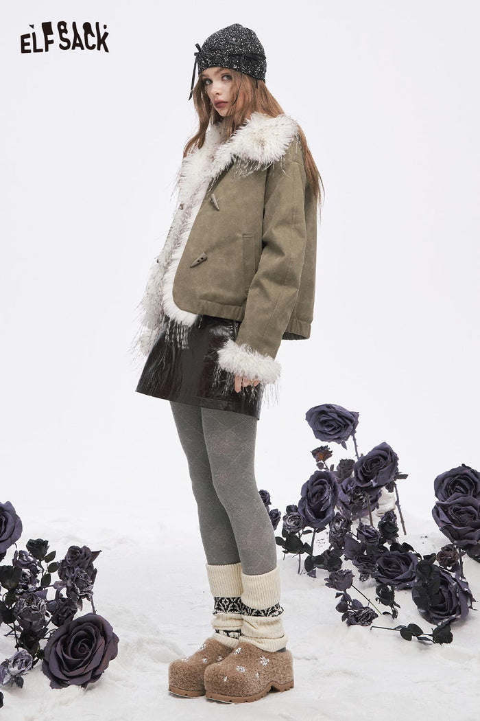 ELFSACK Soft Solid Plush Lining Fringe Toggle Button Jacket