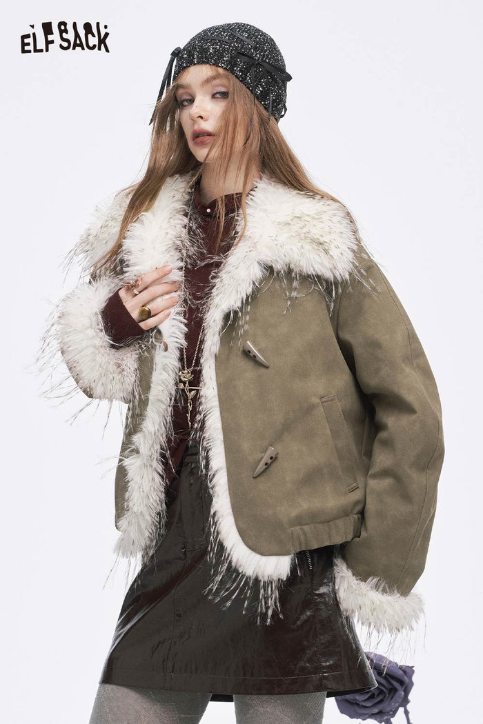 ELFSACK Soft Solid Plush Lining Fringe Toggle Button Jacket