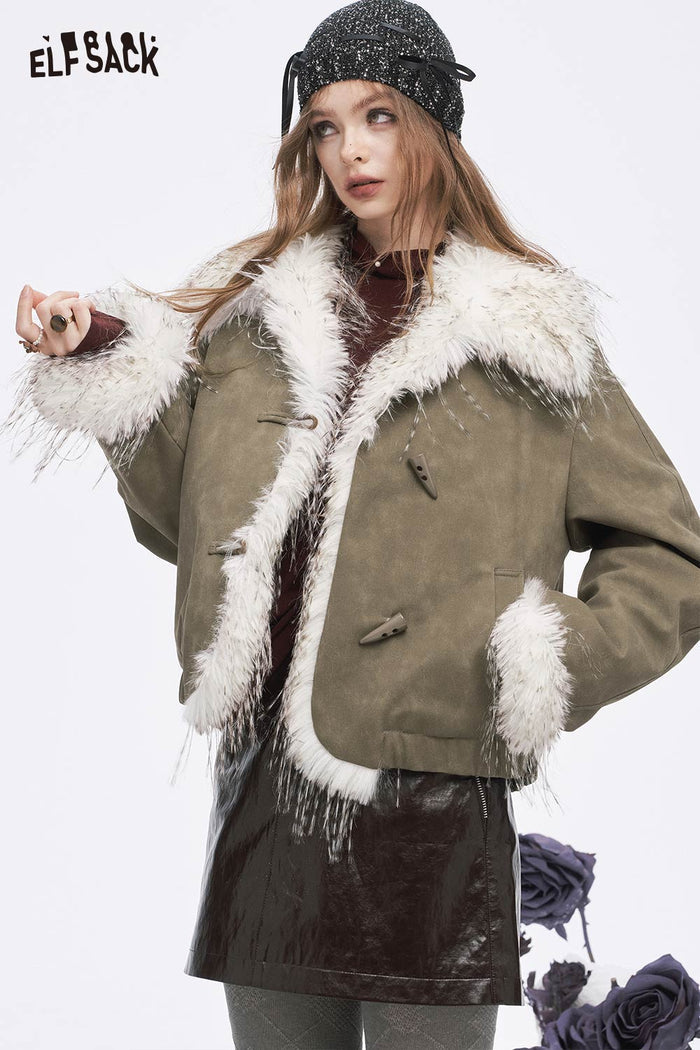 ELFSACK Soft Solid Plush Lining Fringe Toggle Button Jacket