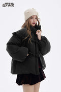 ELFSACK Soft Solid Ruffle Strand Collar Puffer Down Jacket