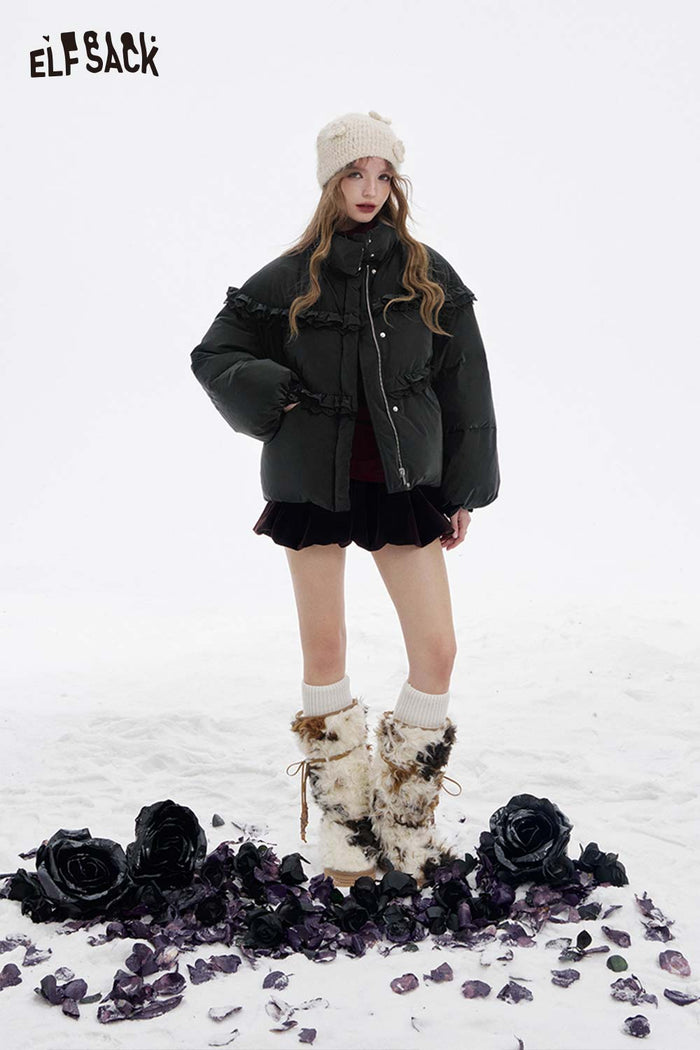 ELFSACK Soft Solid Ruffle Strand Collar Puffer Down Jacket