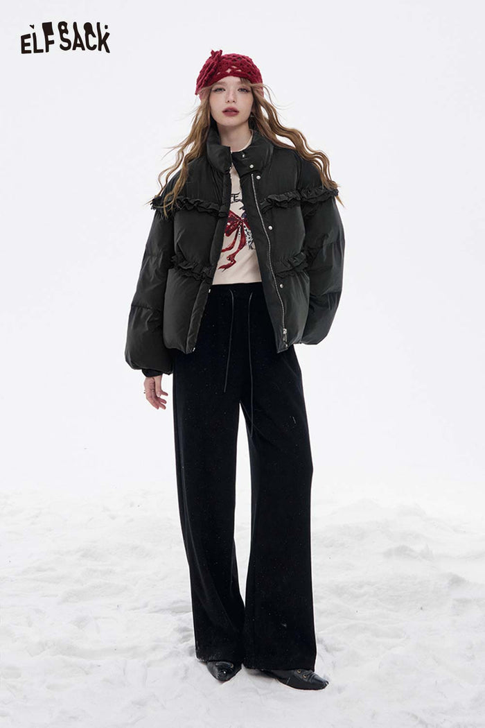 ELFSACK Soft Solid Ruffle Strand Collar Puffer Down Jacket