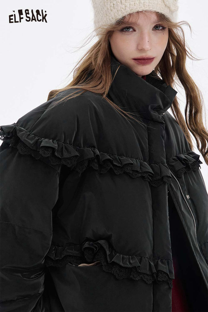 ELFSACK Soft Solid Ruffle Strand Collar Puffer Down Jacket