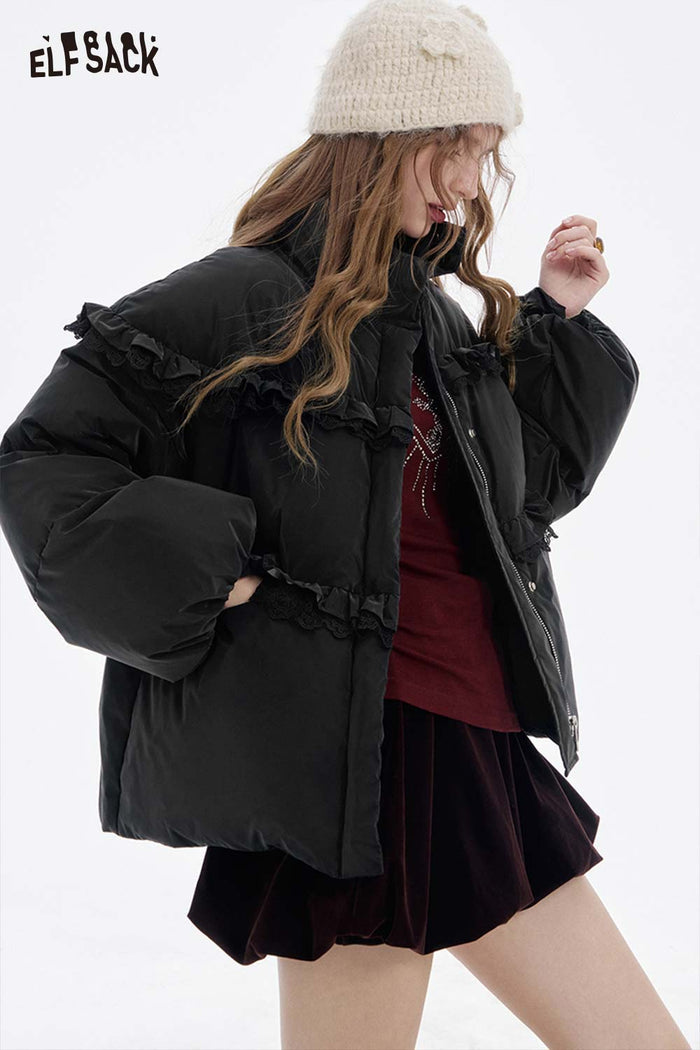 ELFSACK Soft Solid Ruffle Strand Collar Puffer Down Jacket