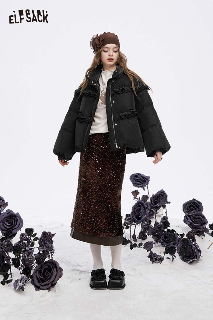 ELFSACK Soft Solid Ruffle Strand Collar Puffer Down Jacket