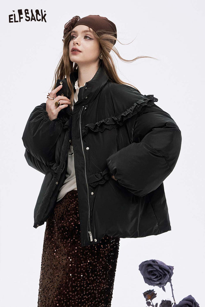 ELFSACK Soft Solid Ruffle Strand Collar Puffer Down Jacket