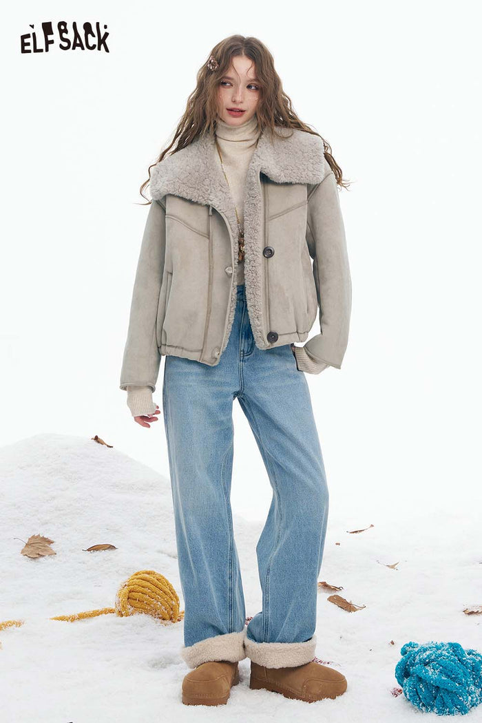 ELFSACK Soft Solid Single Breasted Plush Lined Plush Lapel Short Coat