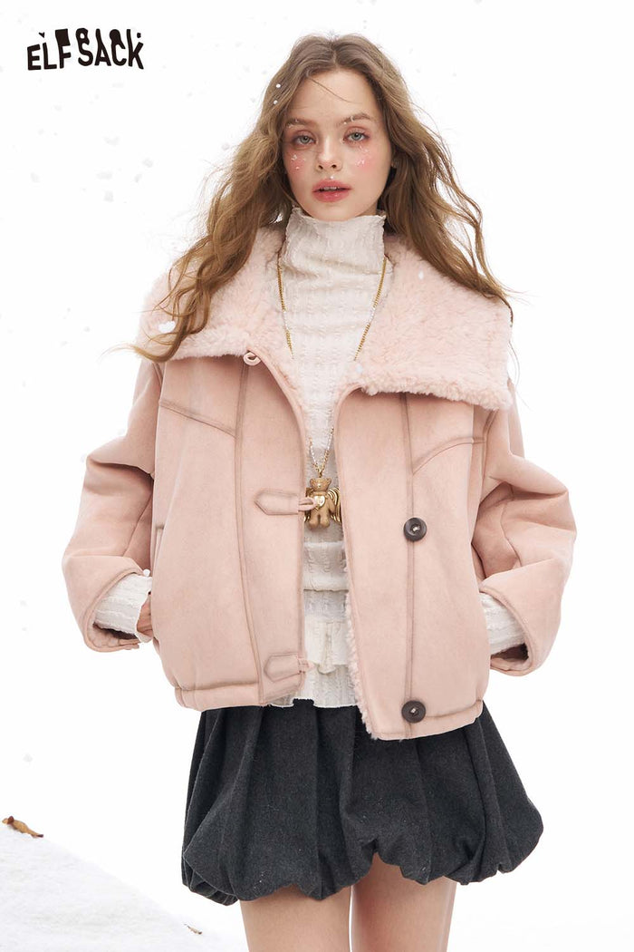 ELFSACK Soft Solid Single Breasted Plush Lined Plush Lapel Short Coat