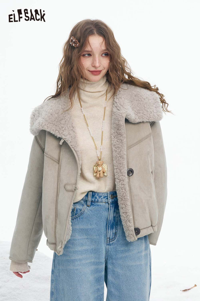 ELFSACK Soft Solid Single Breasted Plush Lined Plush Lapel Short Coat