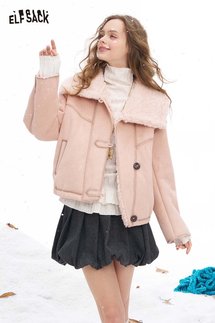 ELFSACK Soft Solid Single Breasted Plush Lined Plush Lapel Short Coat