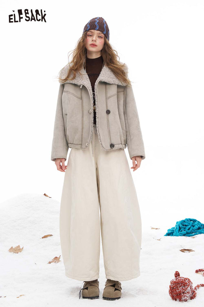 ELFSACK Soft Solid Single Breasted Plush Lined Plush Lapel Short Coat