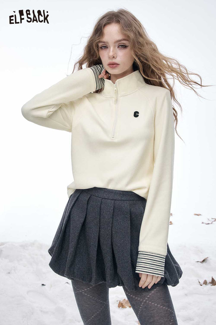 ELFSACK Soft Solid Zip Half High Neck Letter Embroidery Striped Trim Tshirt