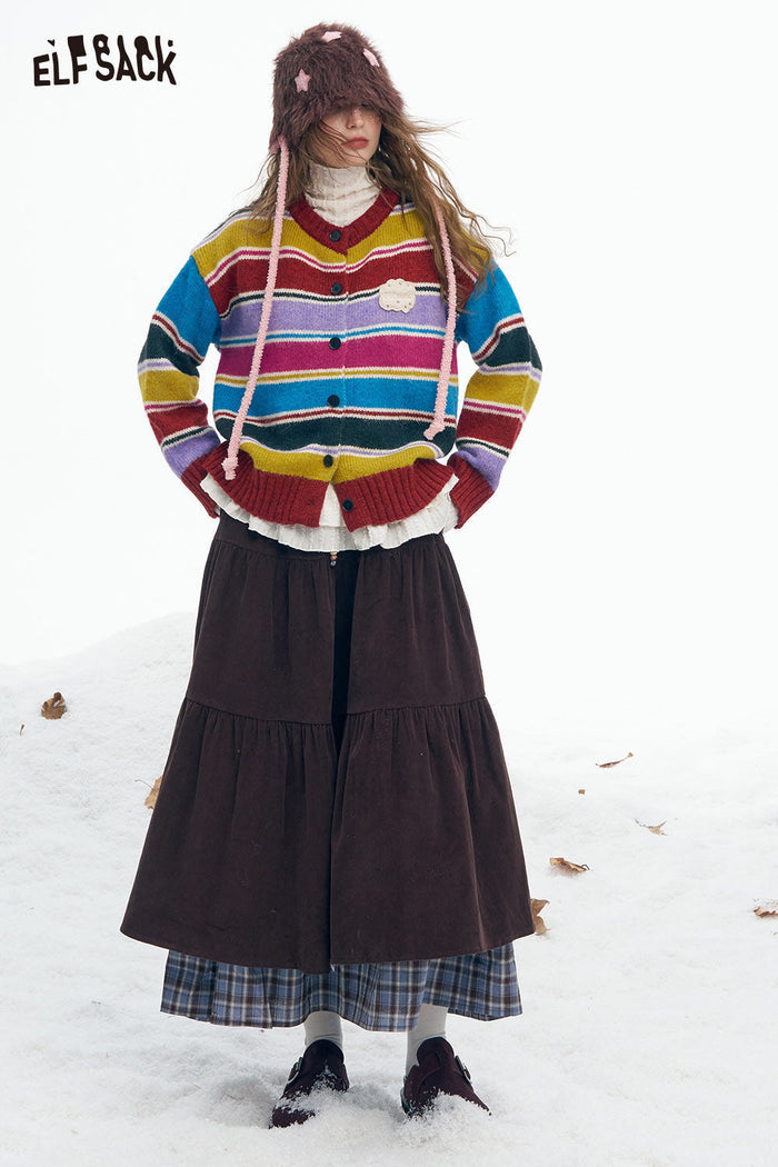 ELFSACK Soft Stripe Embroidery Graphic Round Neck Single breasted Button Sweater