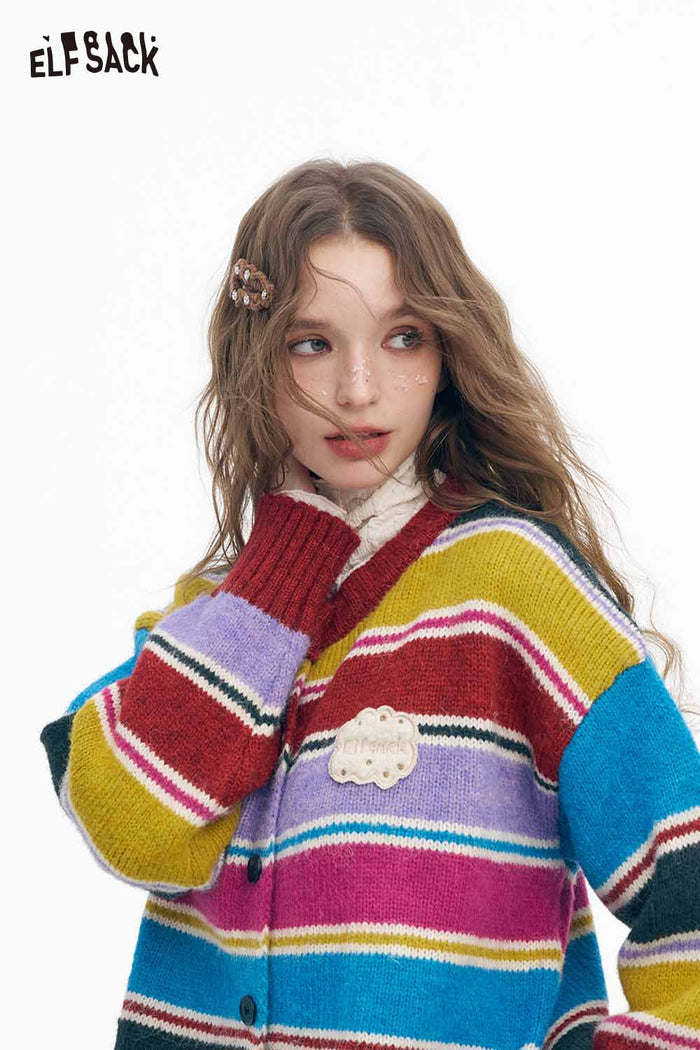 ELFSACK Soft Stripe Embroidery Graphic Round Neck Single breasted Button Sweater
