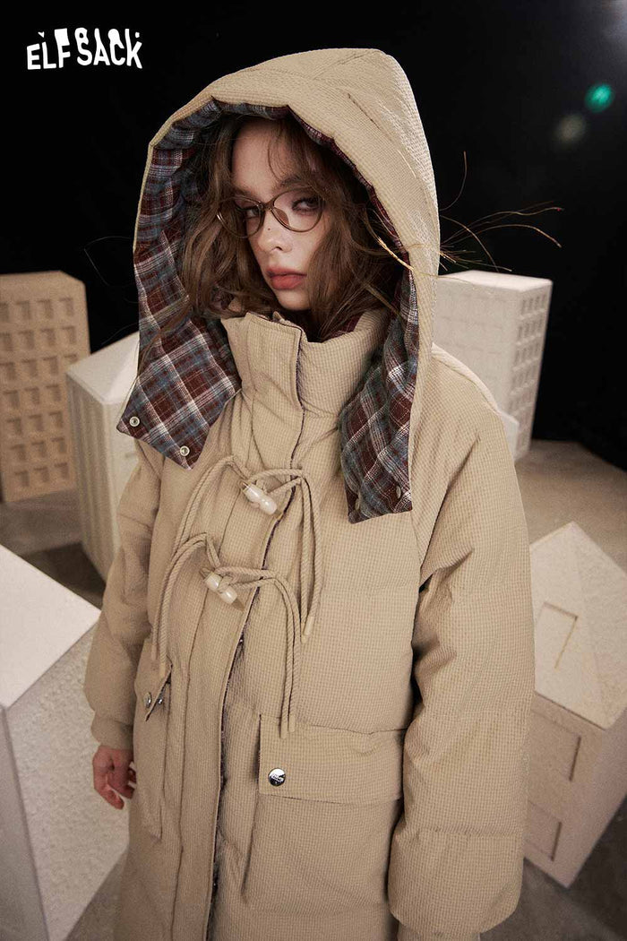 ELFSACK Soft Striped Lining Long Zip Horn Toggle Button Down Coat