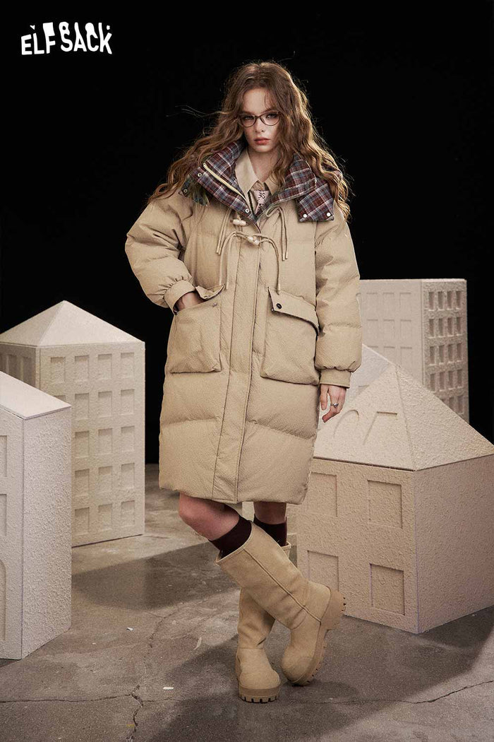 ELFSACK Soft Striped Lining Long Zip Horn Toggle Button Down Coat