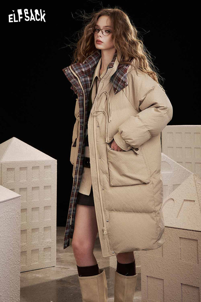 ELFSACK Soft Striped Lining Long Zip Horn Toggle Button Down Coat