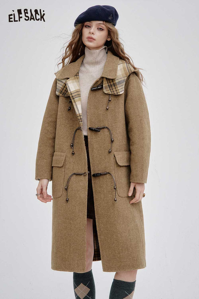 ELFSACK Soft Striped Lining Toggle Wool Blend Coat