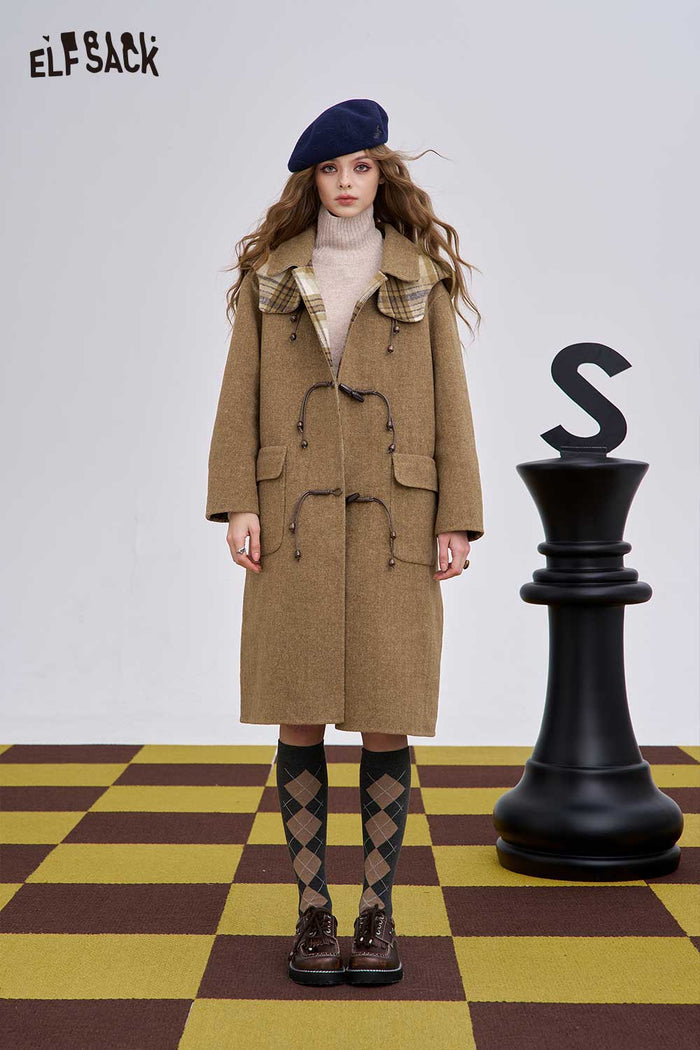 ELFSACK Soft Striped Lining Toggle Wool Blend Coat