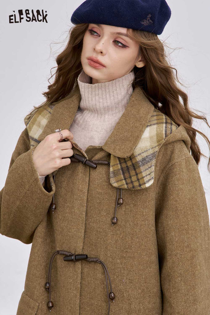 ELFSACK Soft Striped Lining Toggle Wool Blend Coat
