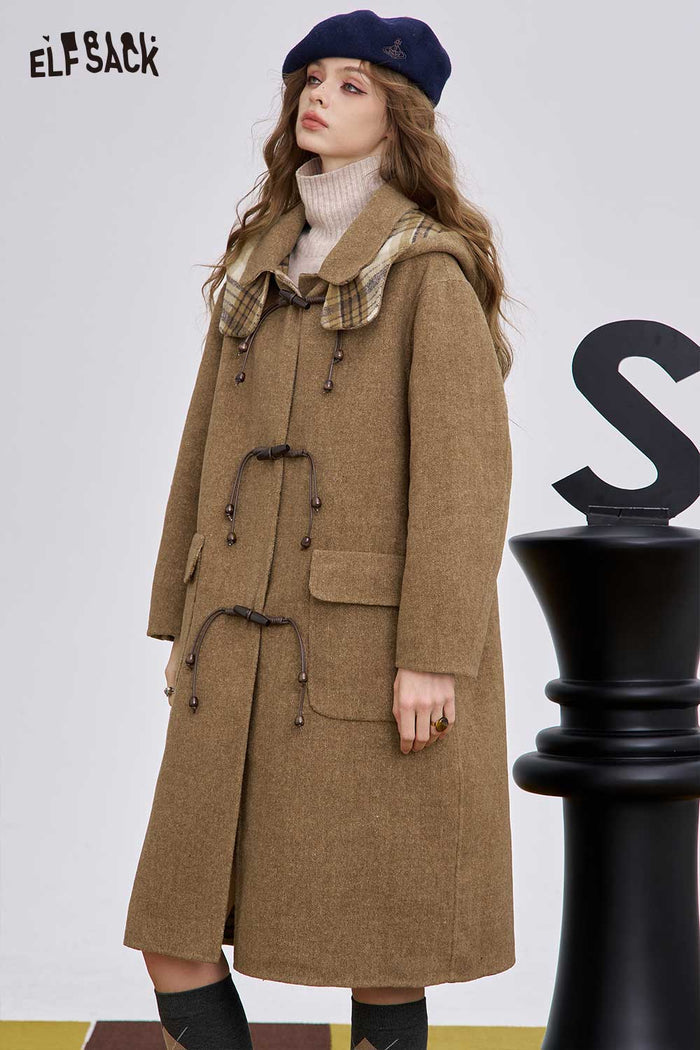 ELFSACK Soft Striped Lining Toggle Wool Blend Coat