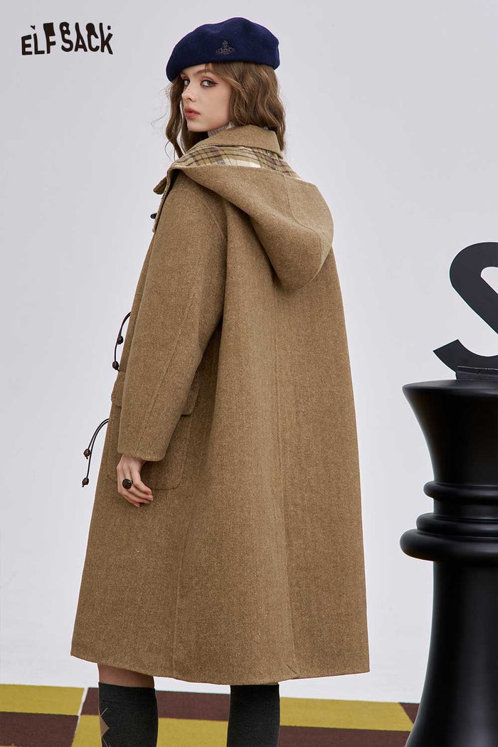 ELFSACK Soft Striped Lining Toggle Wool Blend Coat