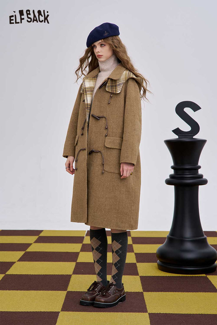 ELFSACK Soft Striped Lining Toggle Wool Blend Coat