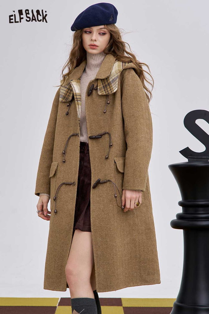ELFSACK Soft Striped Lining Toggle Wool Blend Coat
