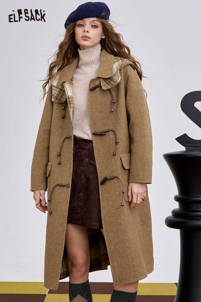 ELFSACK Soft Striped Lining Toggle Wool Blend Coat