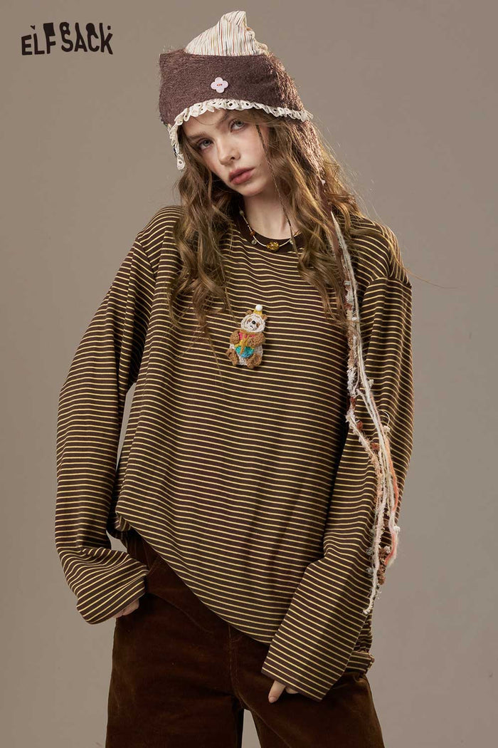 ELFSACK Soft Striped Pattern Round Neck Long Sleeve Tee
