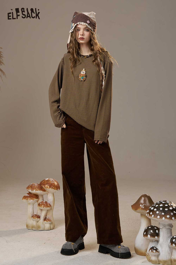ELFSACK Soft Striped Pattern Round Neck Long Sleeve Tee