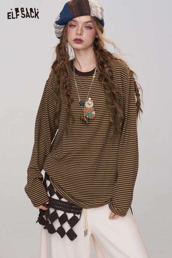 ELFSACK Soft Striped Pattern Round Neck Long Sleeve Tee