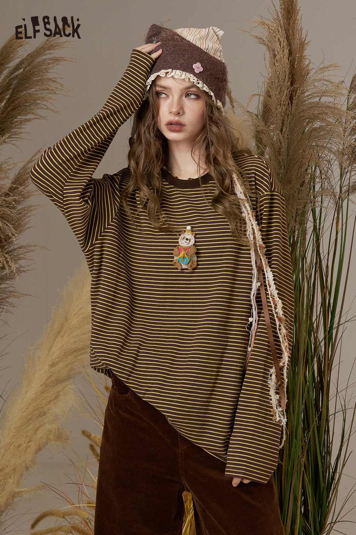 ELFSACK Soft Striped Pattern Round Neck Long Sleeve Tee