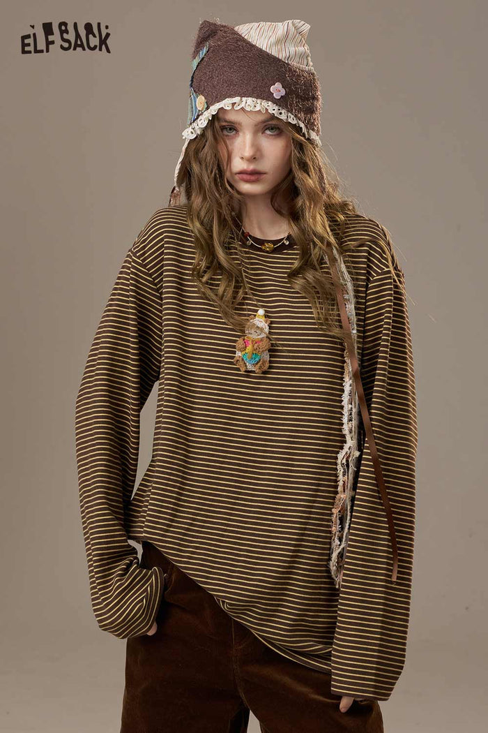 ELFSACK Soft Striped Pattern Round Neck Long Sleeve Tee