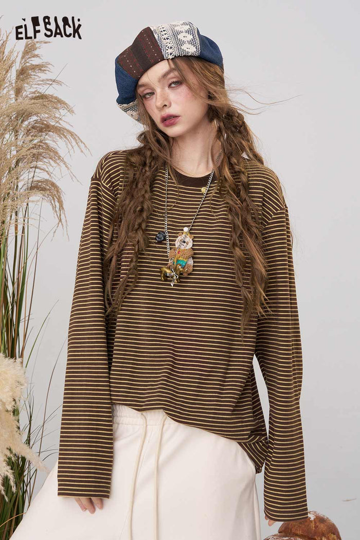 ELFSACK Soft Striped Pattern Round Neck Long Sleeve Tee