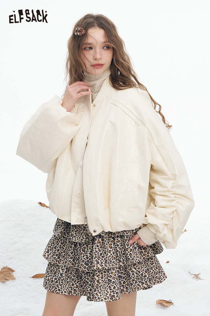 ELFSACK Soft Tiered Puff Sleeve Short Round Neck Down Jacket