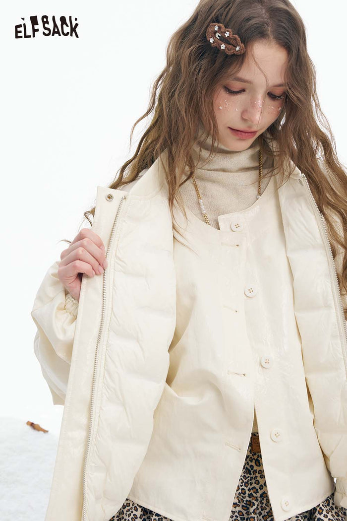 ELFSACK Soft Tiered Puff Sleeve Short Round Neck Down Jacket