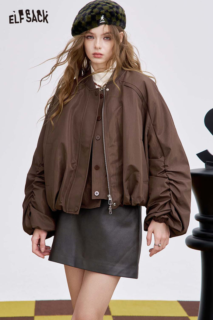 ELFSACK Soft Tiered Puff Sleeve Short Round Neck Down Jacket