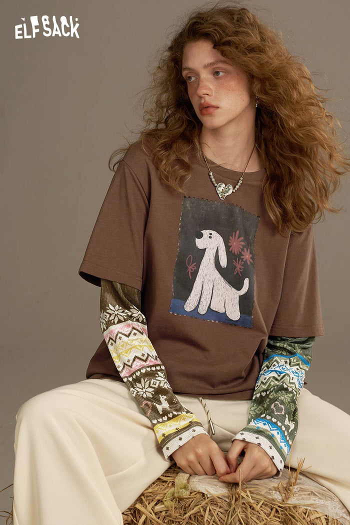 ELFSACK Soft Vintage Print Long Sleeve T Shirt