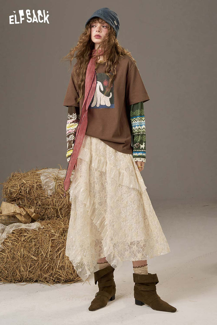 ELFSACK Soft Vintage Print Long Sleeve T Shirt