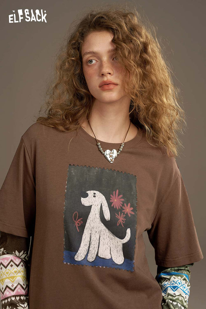 ELFSACK Soft Vintage Print Long Sleeve T Shirt