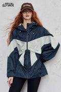 ELFSACK Soft Waist Cinch Bow Figure Patchwork Loose Hooded Jacket