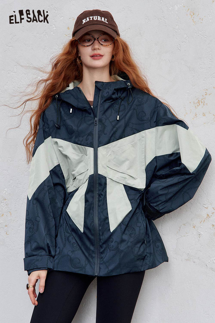 ELFSACK Soft Waist Cinch Bow Figure Patchwork Loose Hooded Jacket