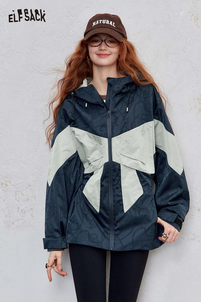 ELFSACK Soft Waist Cinch Bow Figure Patchwork Loose Hooded Jacket