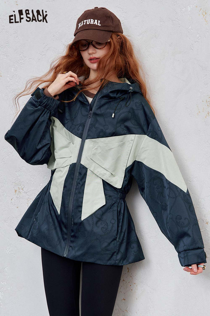 ELFSACK Soft Waist Cinch Bow Figure Patchwork Loose Hooded Jacket